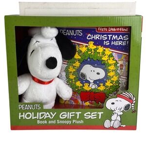Peanuts Holiday Gift Set Book and Snoopy Plush Christmas Is Here NIB